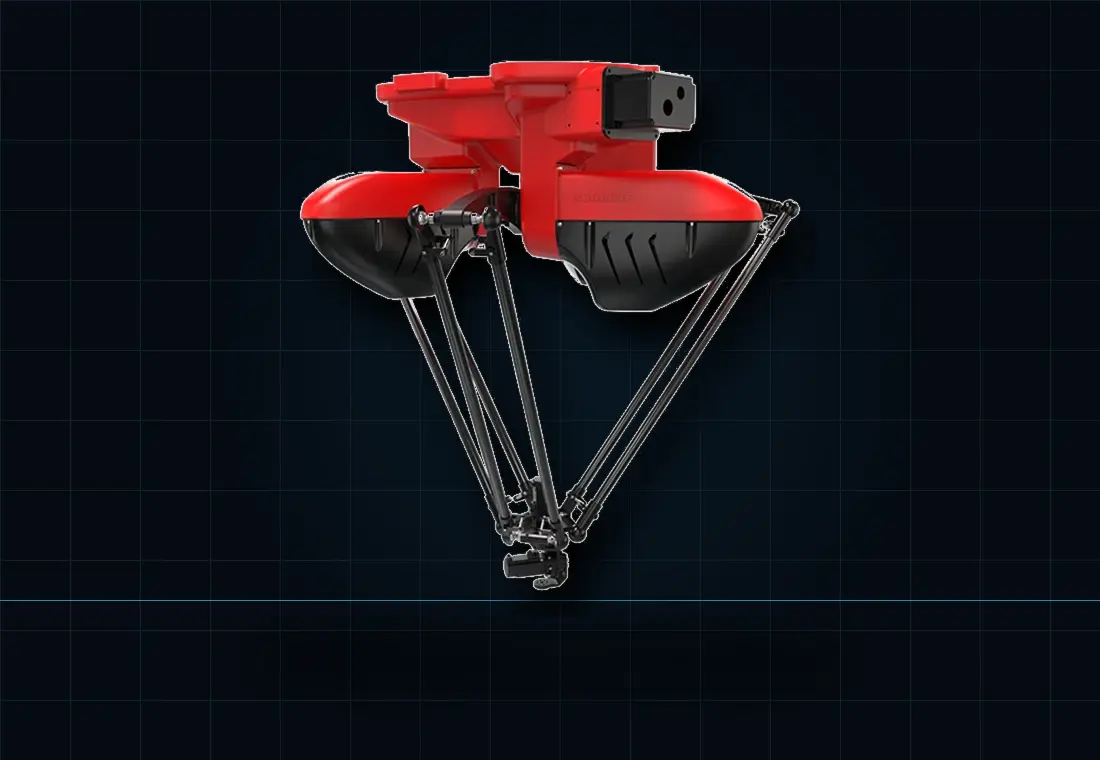 Red delta robot with parallel linkages against a dark grid background.
