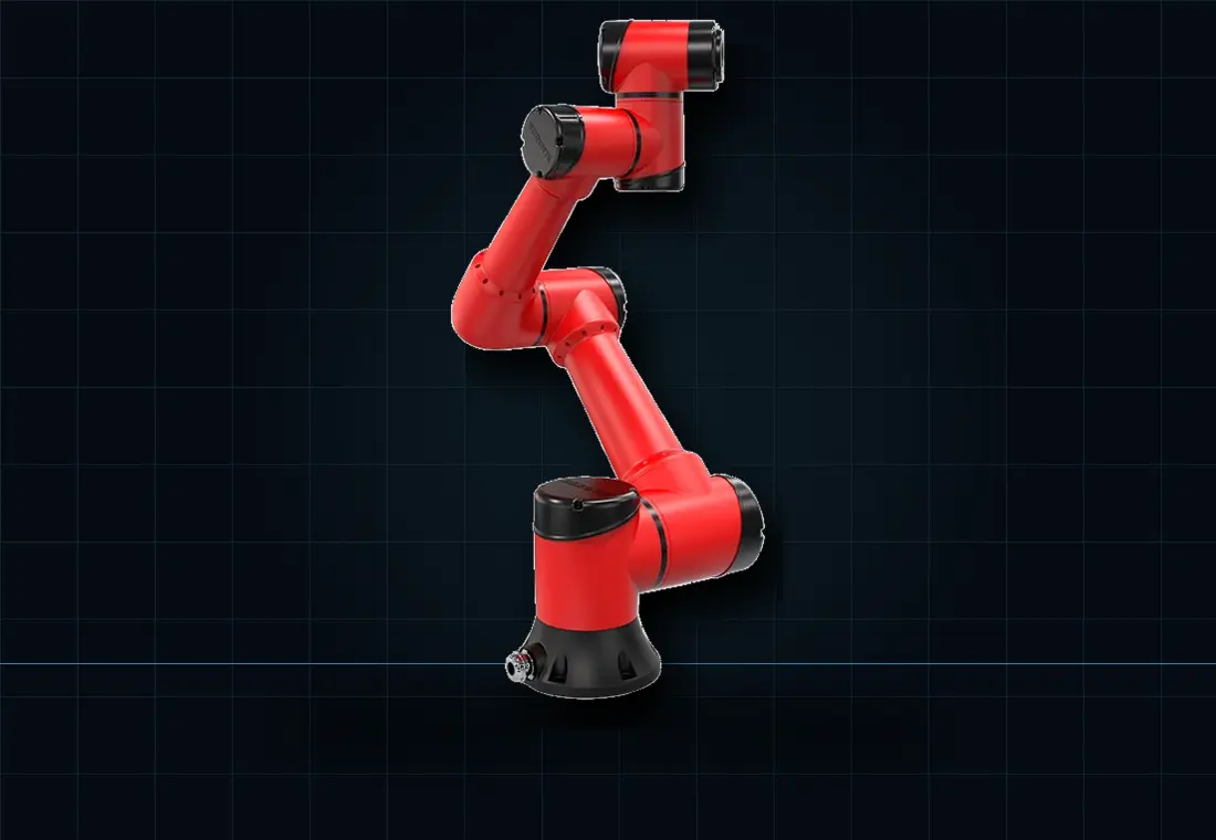 Red robot arm with black joint covers against a dark grid background.